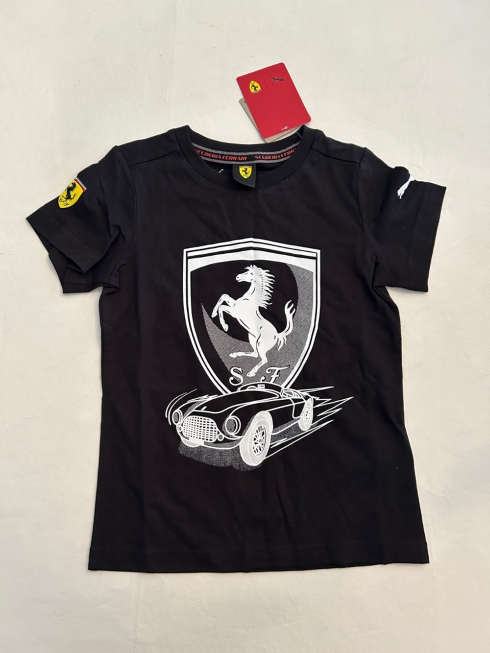 NWT Ferrari Black Tee with White Shield and Car Graphic